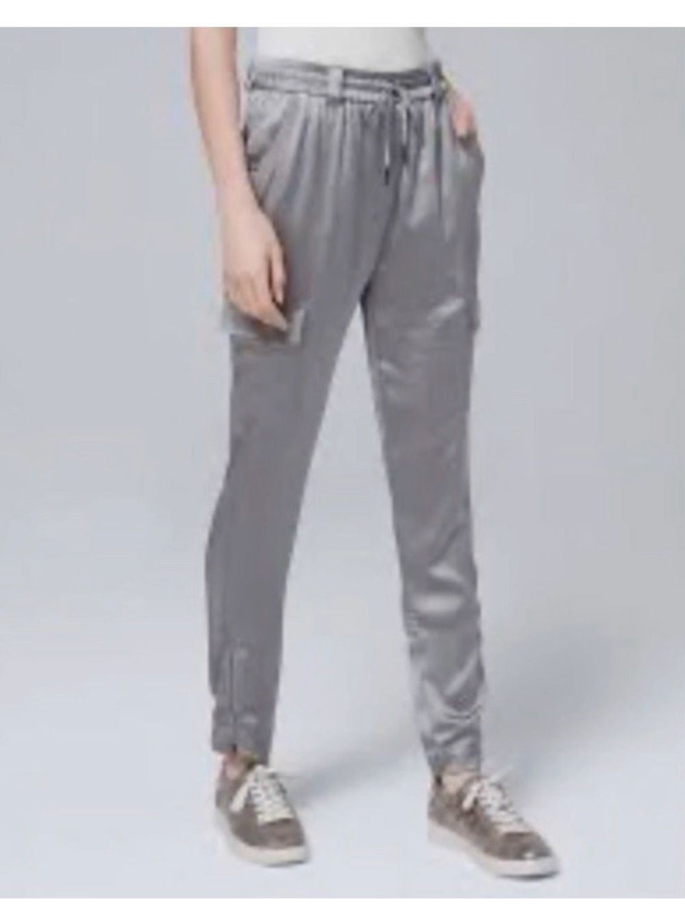 Satin-Feel Silver Drawstring Jogger Pants for Women
